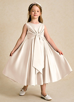 Azazie Lady Flower Girl Dresses White Alabaster A-Line Pleated Matte Satin Dress image3