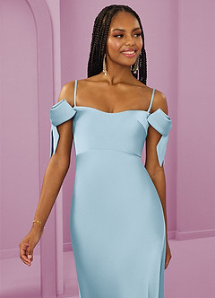 Barbie ♥ Azazie Abiti da Damigella Abito Convertibile Tubino in Raso Elasticizzato a Spalla Scoperta Azzurro image3
