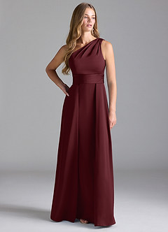 Azazie Dallas Vestidos de damas de honor Vestido de Cabernet de Satén Elástico de Corte en A con Hombro unilateral image3