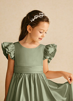 Azazie Piglette Flower Girl Dresses Pistachio A-Line Bow Matte Satin Dress image3