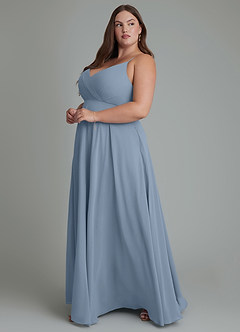 Azazie Amani Vestidos de damas de honor Vestido Azul Polvoriento de Gasa de Línea A con Plisado image11