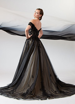 Azazie Rowe Wedding Dresses Black Champagne Ball-Gown Off the Shoulder Tulle Dress image6