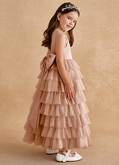 Azazie Twinkle Toes Flower Girl Dresses Champagne Rose A-Line Bow Tulle Dress image5