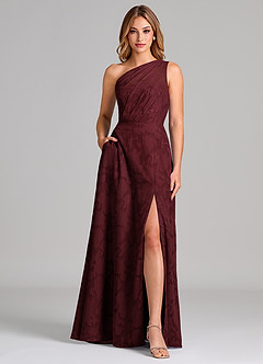 Azazie Phaedra 신부 들러리 드레스 A라인 한쪽 어깨 플로럴 번아웃 바닥 길이 드레스 image1