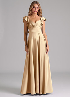 Azazie Leilani Bridesmaid Dresses Champagne A-Line Ruched Stretch Satin Dress image3