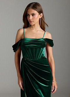 Azazie Amyra Bridesmaid Dresses Emerald Sheath Off the Shoulder Velvet Convertible Dress image3