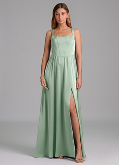 Azazie Rosaline Robes de demoiselle d'honneur Robe Trapèze en Satin extensible Fente Latérale Agave image3