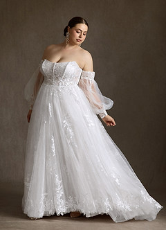 Azazie Elowyn Vestidos de novia Vestido Diamante Blanco de Encaje de Corte Princesa con Palabra de honor image1