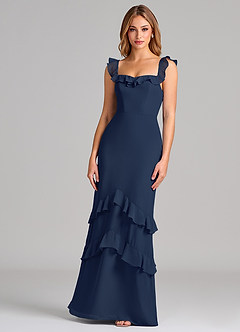Azazie Marilynn Final Sale Dark Navy Mermaid Off the Shoulder Chiffon Dress image1