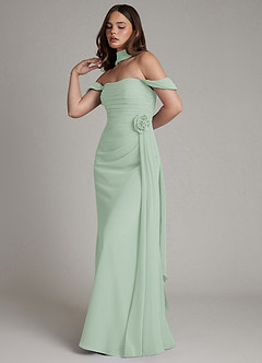 Azazie Ezria At-home Try On Dresses Agave A-Line Off the Shoulder Chiffon Dress image11