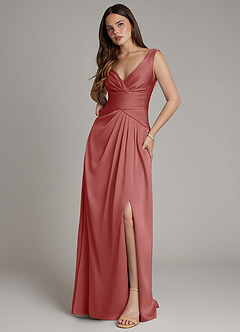 Azazie Pauline Robes de demoiselle d'honneur Robe Trapèze en Satin extensible Plissée Antique Rose image5