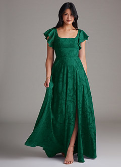 Azazie Bondi Bridesmaid Dresses Emerald A-Line Side Slit Floral Burnout Dress image1