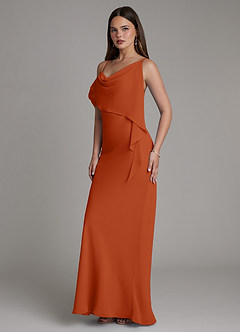 Azazie Yura Vestidos de damas de honor Vestido Naranja Quemada de Gasa de Corte Sirena con Hombros descubiertos image5