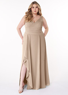 Azazie Kori Bridesmaid Dresses Taupe A-Line Pleated Chiffon Dress image6