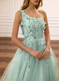 Felicite Light Green Floral A-line Tulle Sequin One Shoulder Glitter Prom Dress image11