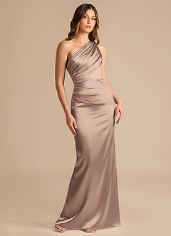 Azazie Akilah Bridesmaid Dresses Taupe Mermaid One Shoulder Metallic Satin Dress image1