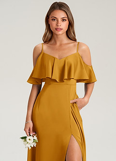 Azazie Jean Jurken voor bruidsmeisjes Jurk van Stretch Satijn met A-Lijn Off the Shoulder Boterbabbelaar image6