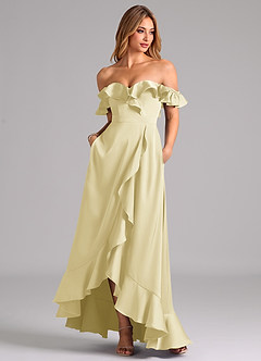 Azazie Lyra Robes de demoiselle d'honneur Robe Trapèze Convertible en Satin extensible Épaule décolletée Sorbet Citron image3