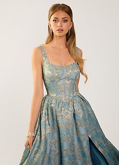 Cimaya Lake Blue Square-Neck Jacquard Prom Dress image4