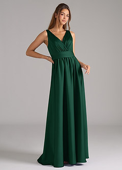 Azazie Kora Bridesmaid Dresses Dark Green A-Line Pleated Stretch Satin Dress image3