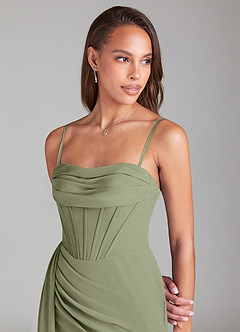 Azazie Amyra Bridesmaid Dresses Pistachio Sheath Off the Shoulder Chiffon Convertible Dress image2
