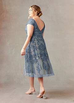 Azazie Sanna Mother of the Bride Dresses Dusty Blue Champagne A-Line Scoop Lace Tulle Dress image10