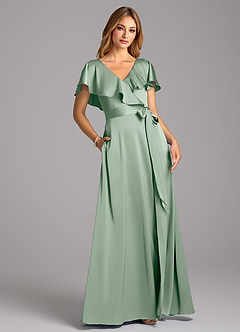 Azazie Lainey Bridesmaid Dresses Agave A-Line with Pockets Stretch Satin Dress image1
