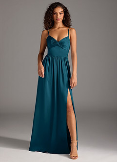 Azazie Zeya Robes de demoiselle d'honneur Robe Trapèze en Satin extensible Plissée Bleu Encre image2