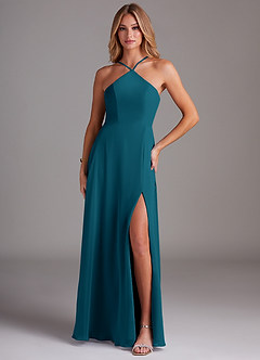 Azazie Bailey Brautjungfernkleider A-Linie Halter Seitenschlitz Chiffon Kleid Tintenblau image1