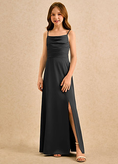 Azazie Chamomile Girls Formal Flower Girl Dresses Black A-Line Pleated Stretch Satin Dress image4
