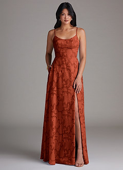 Azazie Moira Bridesmaid Dresses Auburn A-Line Side Slit Floral Burnout Dress image1