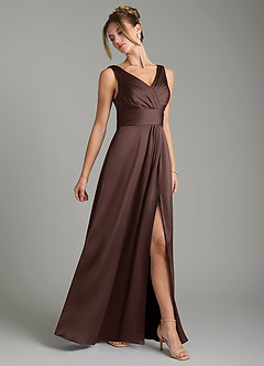 Azazie Karina Bridesmaid Dresses Ganache A-Line Pleated Stretch Satin Dress image4