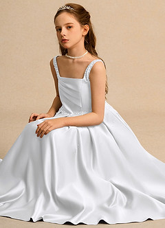 Azazie Mochi Girl vestidos de niña de las flores Vestido de Blanco de Satin Mate de Princesa con Plisado image3