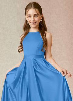 Azazie Arianthe Junior Abito A-Line in Raso Opaco Con Tasche Blue Jay image5