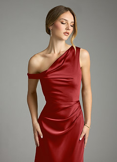 Azazie Emerson Bridesmaid Dresses Pomegranate Mermaid Off the Shoulder Stretch Satin Dress image2