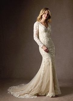 Azazie Dulce Amor Vestidos de novia Vestido de Blanco Diamante Champán de Tul de Corte Sirena con Encaje Cuello V image5