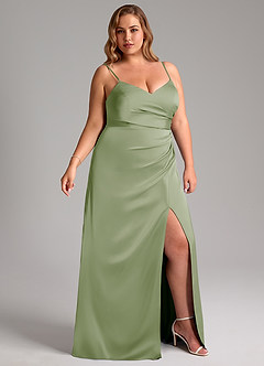 Azazie Azuree At-home Try On Dresses Dusty Sage A-Line Pleated Stretch Satin Dress image12
