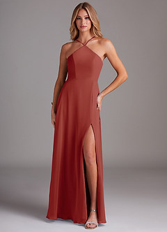 Azazie Bailey Bridesmaid Dresses Terracotta A-Line Halter Side Slit Chiffon Dress image1