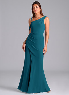 Azazie Madelyn Bridesmaid Dresses Ink Blue Mermaid Off the Shoulder Chiffon Convertible Dress image4