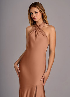 Azazie Lorena Jurken voor bruidsmeisjes Jurk van Stretch Satijn met Zeemeermin Geplooid Bronzeertint image6