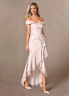 Azazie Billings Mother of the Bride Dresses Blushing Pink Mermaid Off the Shoulder Stretch Satin Dress image5