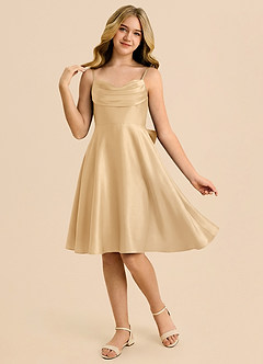 Azazie Bear Junior Robe Trapèze en Satin extensible Encolure en Forme de Cœur Or image3