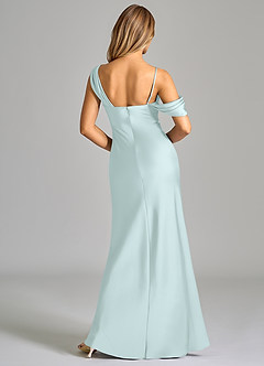 Azazie Celina Bridesmaid Dresses Sea Glass Sheath Off the Shoulder Stretch Satin Dress image2