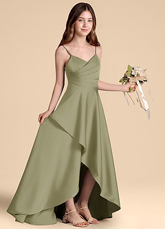 Azazie Prisha Junior Vestido de Pistacho de Satén Elástico de Corte en A con Plisado image8