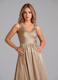 Azazie Keyla Final Sale Taupe A-Line Pleated Stretch Satin Dress image3