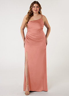 Azazie Eren Bridesmaid Dresses Coral Mermaid One Shoulder Stretch Satin Dress image6