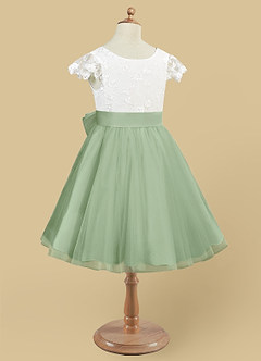 Azazie Vetty Flower Girl Dresses Ivory Dusty Sage A-Line Lace Tulle Dress image6