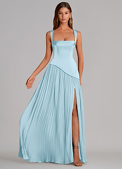 Azazie Stephanie Vestidos de damas de honor Vestido de Azul Cielo de Satén Elástico de Corte en A con Plisado image4