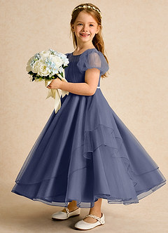 Azazie Duckie Abiti da Ragazza di Fiori Abito Principessa in Tulle Plissettato Stormy image4