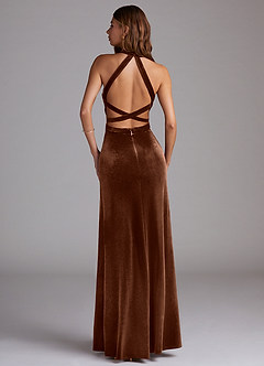 Azazie Clarice Jurken voor bruidsmeisjes Jurk van flueel met A-Lijn Zijsplit Omber image2